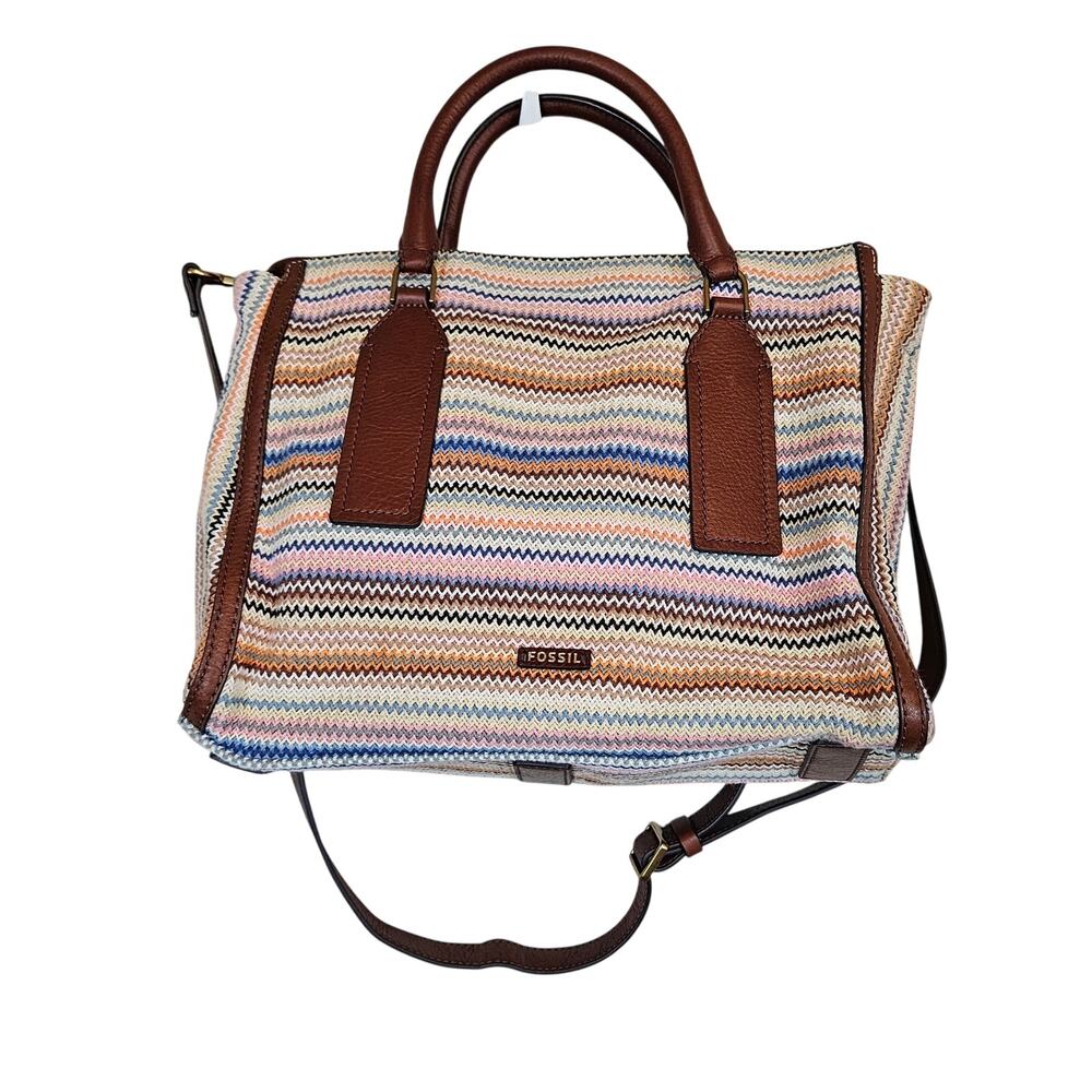 Fossil Parker Leather Satchel Purse Handbag Zig Zag Colorful Stripes Boho
